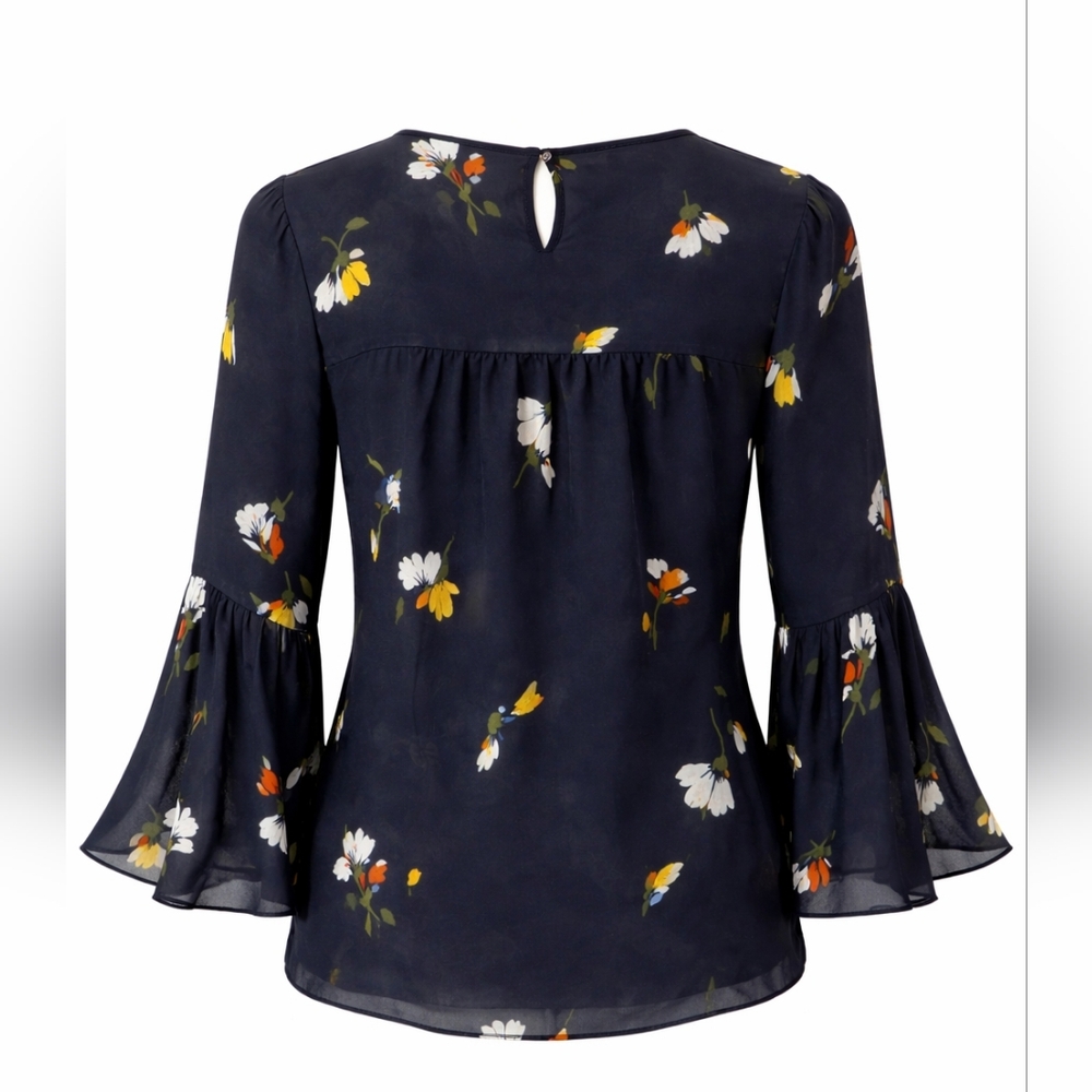 Large Joie 100% Silk Black Floral Bell Long Sleeve Boho Chic Blouse - Picture 2 of 5